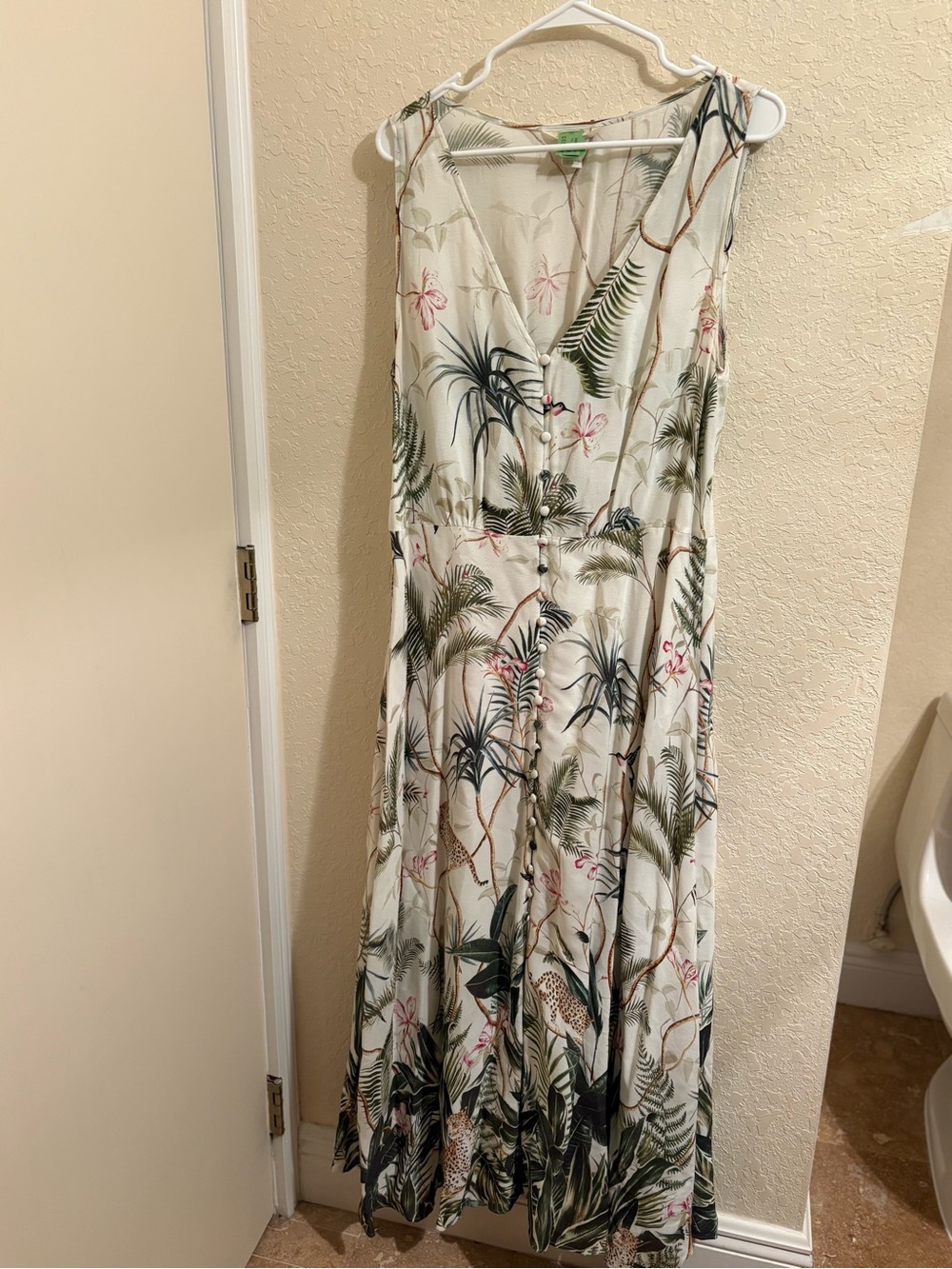 H&M White Tropical Print Maxi Dress with Green & Pink Accents